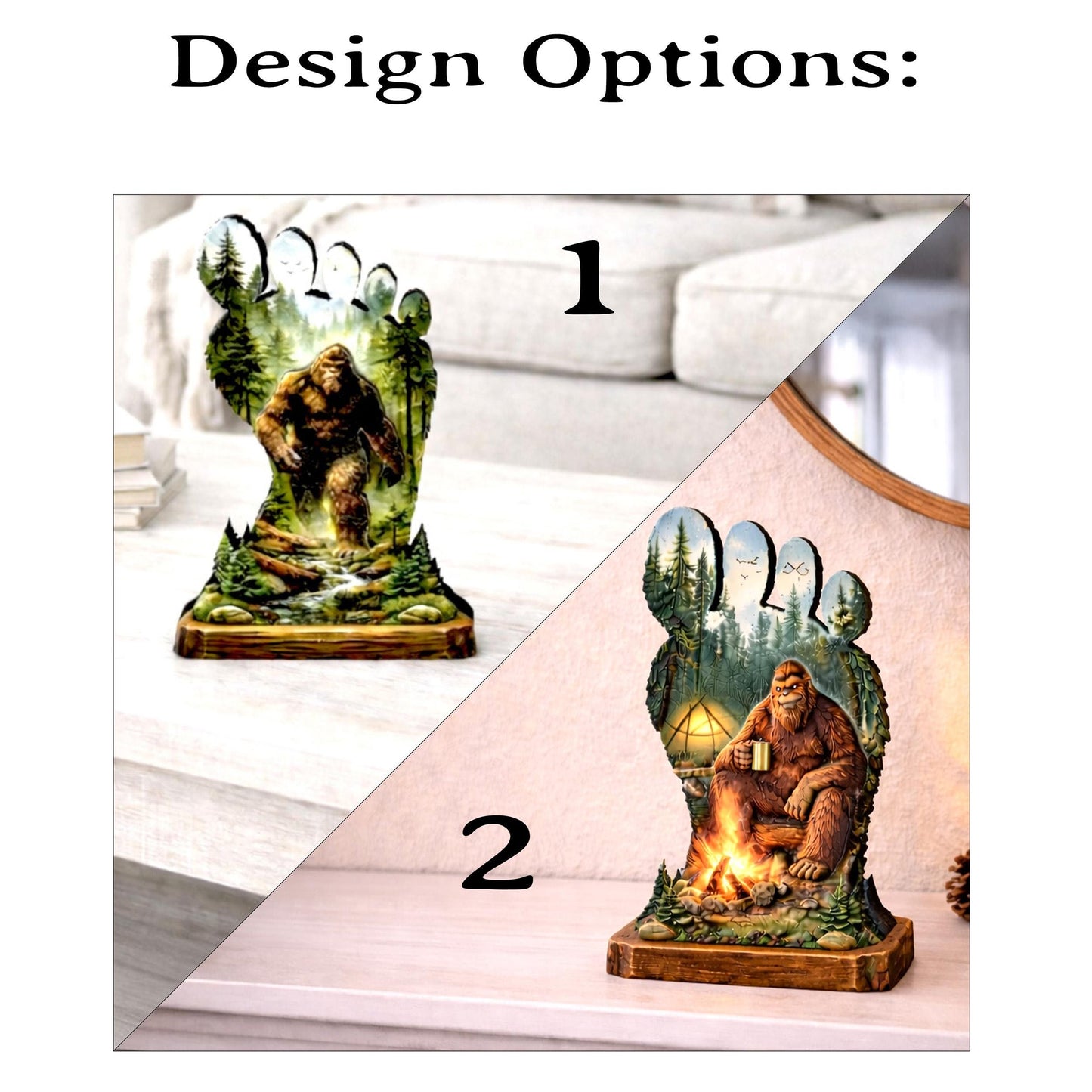 Personalized Multi-Layer Bigfoot Campfire Shelf Sitter – Sasquatch Cabin Decor – Custom Name, Wooden Bigfoot Mantel & Tiered Tray Decor