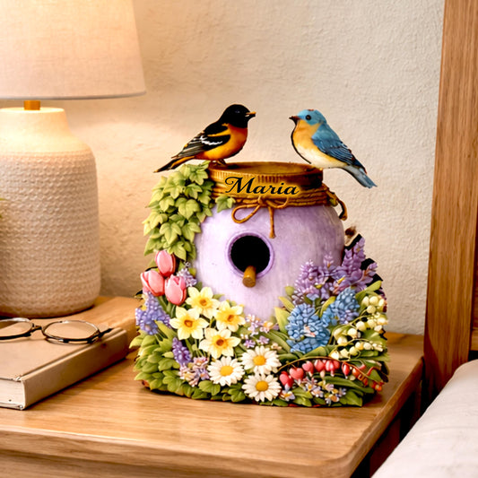 Personalized Purple Mason Jar Birdhouse Shelf Sitter – Spring Flowers and Chickadees – Custom Name Kids Room Decor Mantel & Tiered Tray
