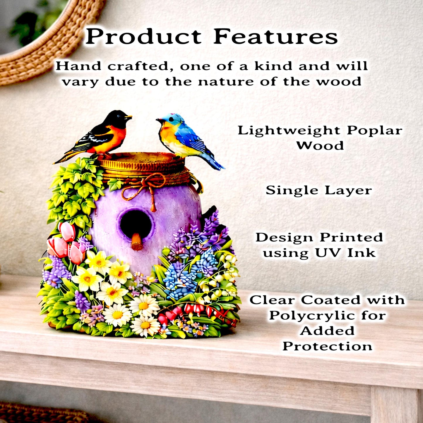 Personalized Purple Mason Jar Birdhouse Shelf Sitter – Spring Flowers and Chickadees – Custom Name Kids Room Decor Mantel & Tiered Tray