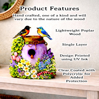 Personalized Purple Mason Jar Birdhouse Shelf Sitter – Spring Flowers and Chickadees – Custom Name Kids Room Decor Mantel & Tiered Tray
