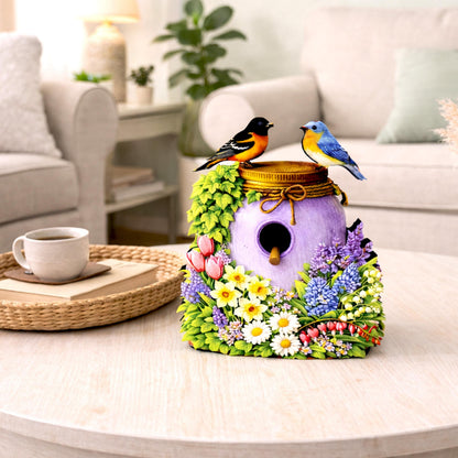 Personalized Purple Mason Jar Birdhouse Shelf Sitter – Spring Flowers and Chickadees – Custom Name Kids Room Decor Mantel & Tiered Tray