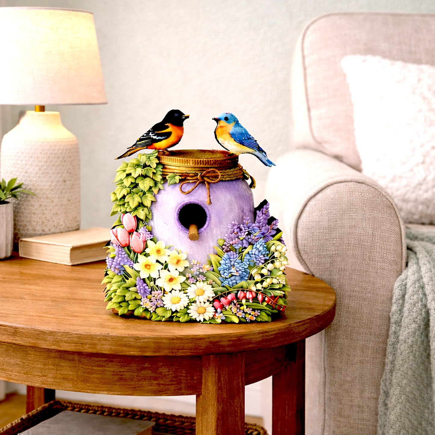 Personalized Purple Mason Jar Birdhouse Shelf Sitter – Spring Flowers and Chickadees – Custom Name Kids Room Decor Mantel & Tiered Tray