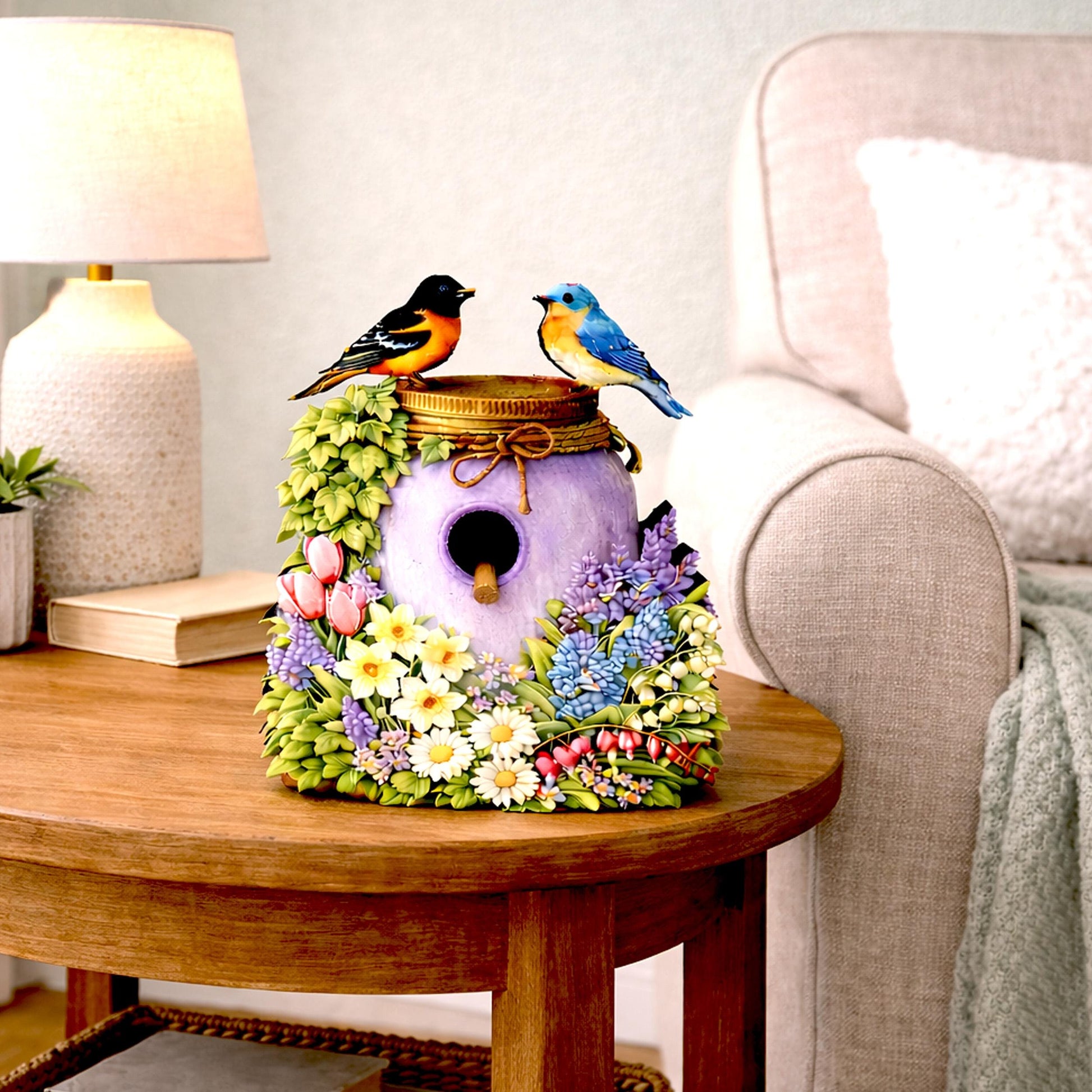 Personalized Purple Mason Jar Birdhouse Shelf Sitter – Spring Flowers and Chickadees – Custom Name Kids Room Decor Mantel & Tiered Tray