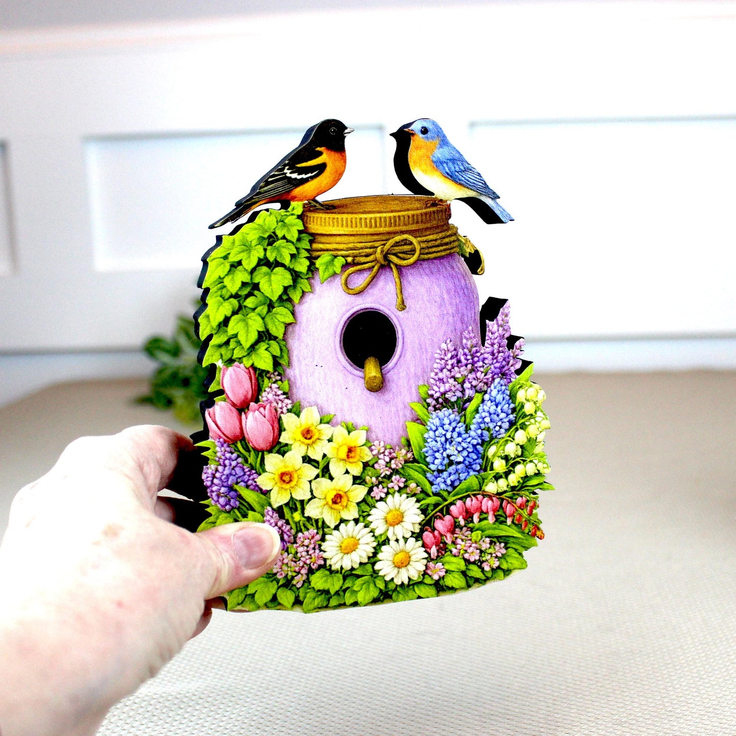Personalized Purple Mason Jar Birdhouse Shelf Sitter – Spring Flowers and Chickadees – Custom Name Kids Room Decor Mantel & Tiered Tray