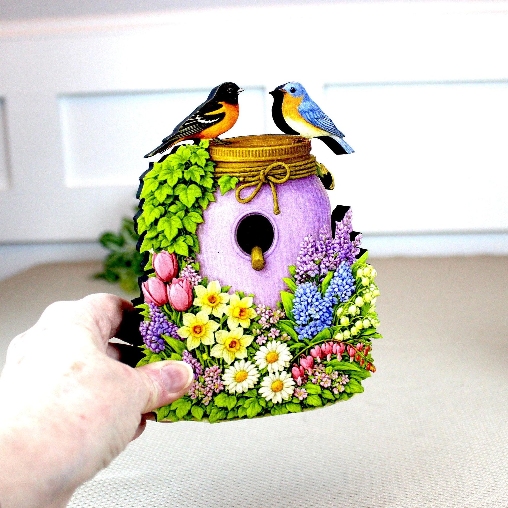 Personalized Purple Mason Jar Birdhouse Shelf Sitter – Spring Flowers and Chickadees – Custom Name Kids Room Decor Mantel & Tiered Tray