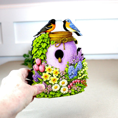 Personalized Purple Mason Jar Birdhouse Shelf Sitter – Spring Flowers and Chickadees – Custom Name Kids Room Decor Mantel & Tiered Tray