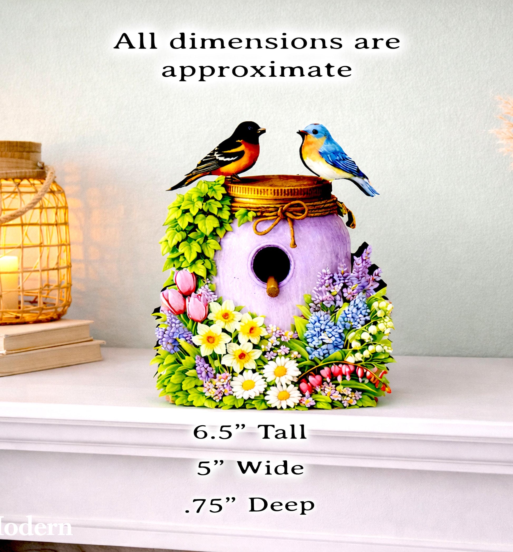 Personalized Purple Mason Jar Birdhouse Shelf Sitter – Spring Flowers and Chickadees – Custom Name Kids Room Decor Mantel & Tiered Tray