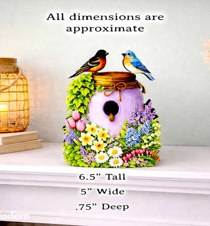 Personalized Purple Mason Jar Birdhouse Shelf Sitter – Spring Flowers and Chickadees – Custom Name Kids Room Decor Mantel & Tiered Tray
