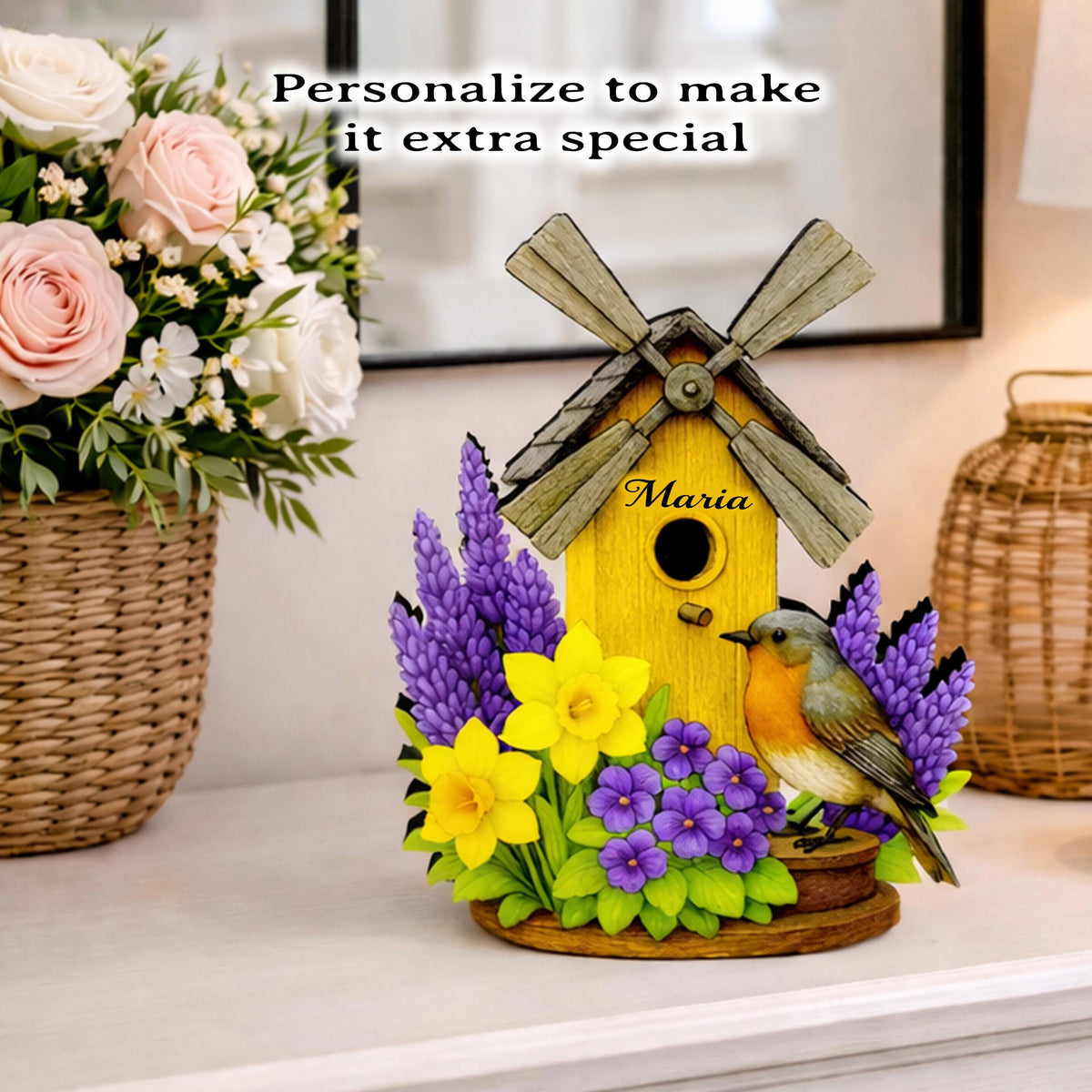 Personalized Windmill Birdhouse Shelf Sitter – Violet and Yellow Spring Flowers – Custom Name Kids Room Decor, Wooden Mantel & Tiered Tray