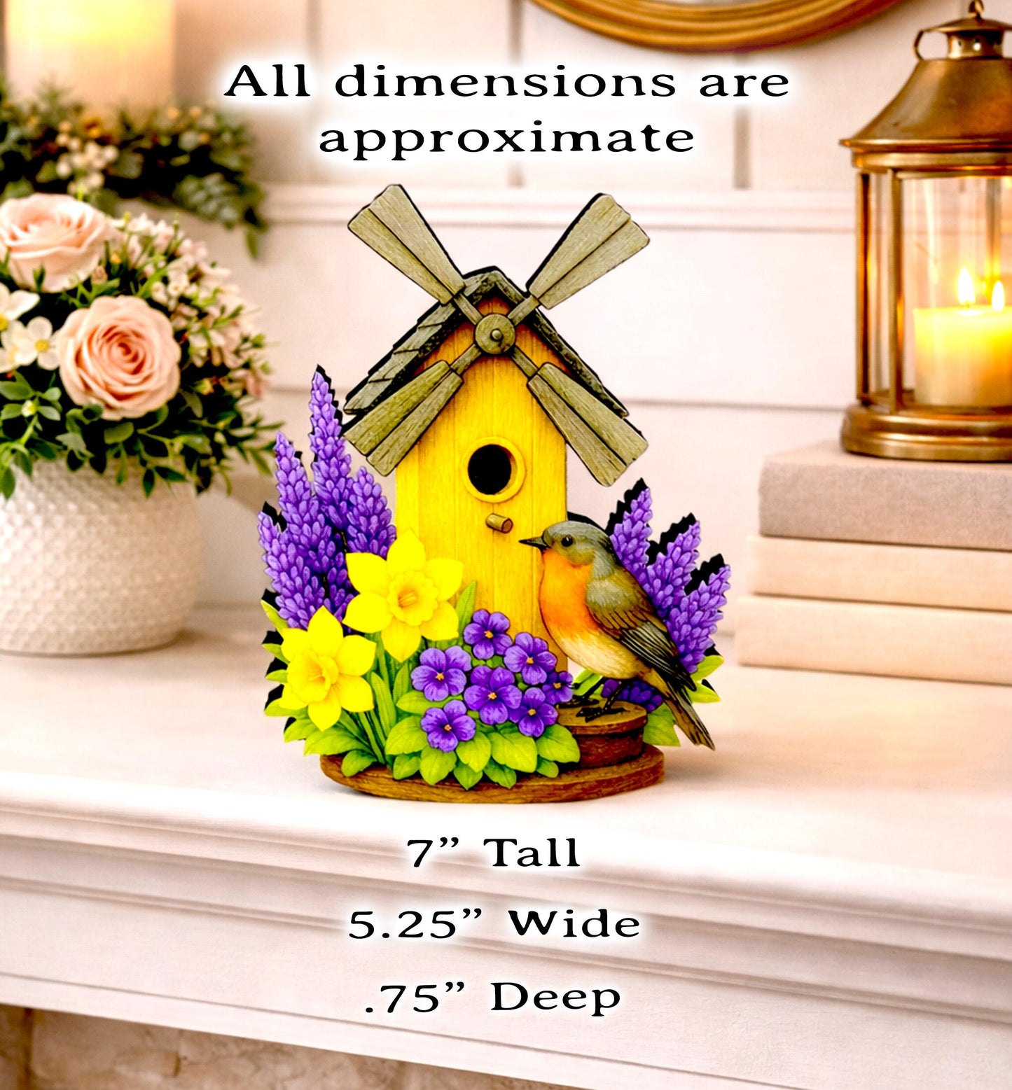Personalized Windmill Birdhouse Shelf Sitter – Violet and Yellow Spring Flowers – Custom Name Kids Room Decor, Wooden Mantel & Tiered Tray