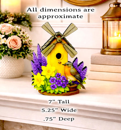 Personalized Windmill Birdhouse Shelf Sitter – Violet and Yellow Spring Flowers – Custom Name Kids Room Decor, Wooden Mantel & Tiered Tray