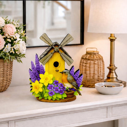 Personalized Windmill Birdhouse Shelf Sitter – Violet and Yellow Spring Flowers – Custom Name Kids Room Decor, Wooden Mantel & Tiered Tray