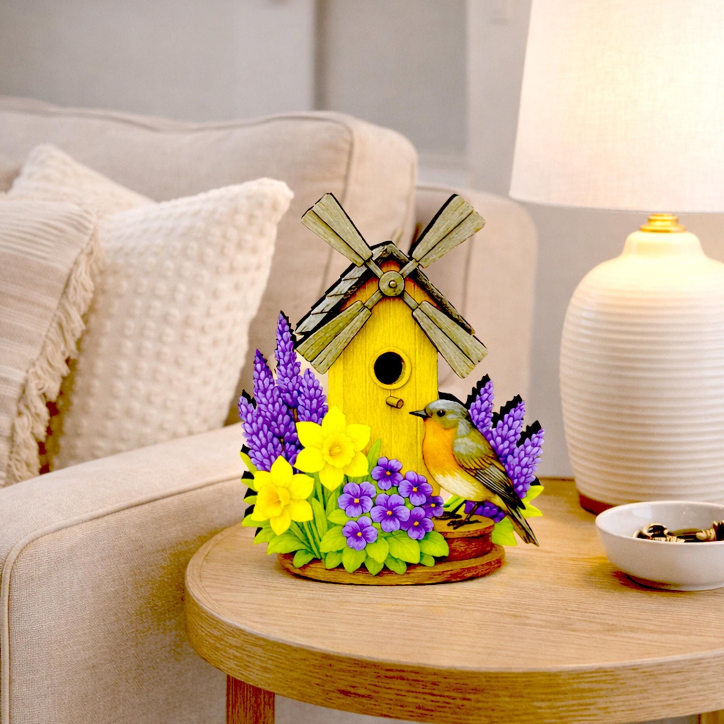 Personalized Windmill Birdhouse Shelf Sitter – Violet and Yellow Spring Flowers – Custom Name Kids Room Decor, Wooden Mantel & Tiered Tray