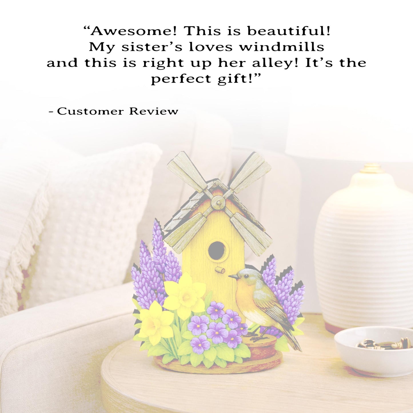 Personalized Windmill Birdhouse Shelf Sitter – Violet and Yellow Spring Flowers – Custom Name Kids Room Decor, Wooden Mantel & Tiered Tray