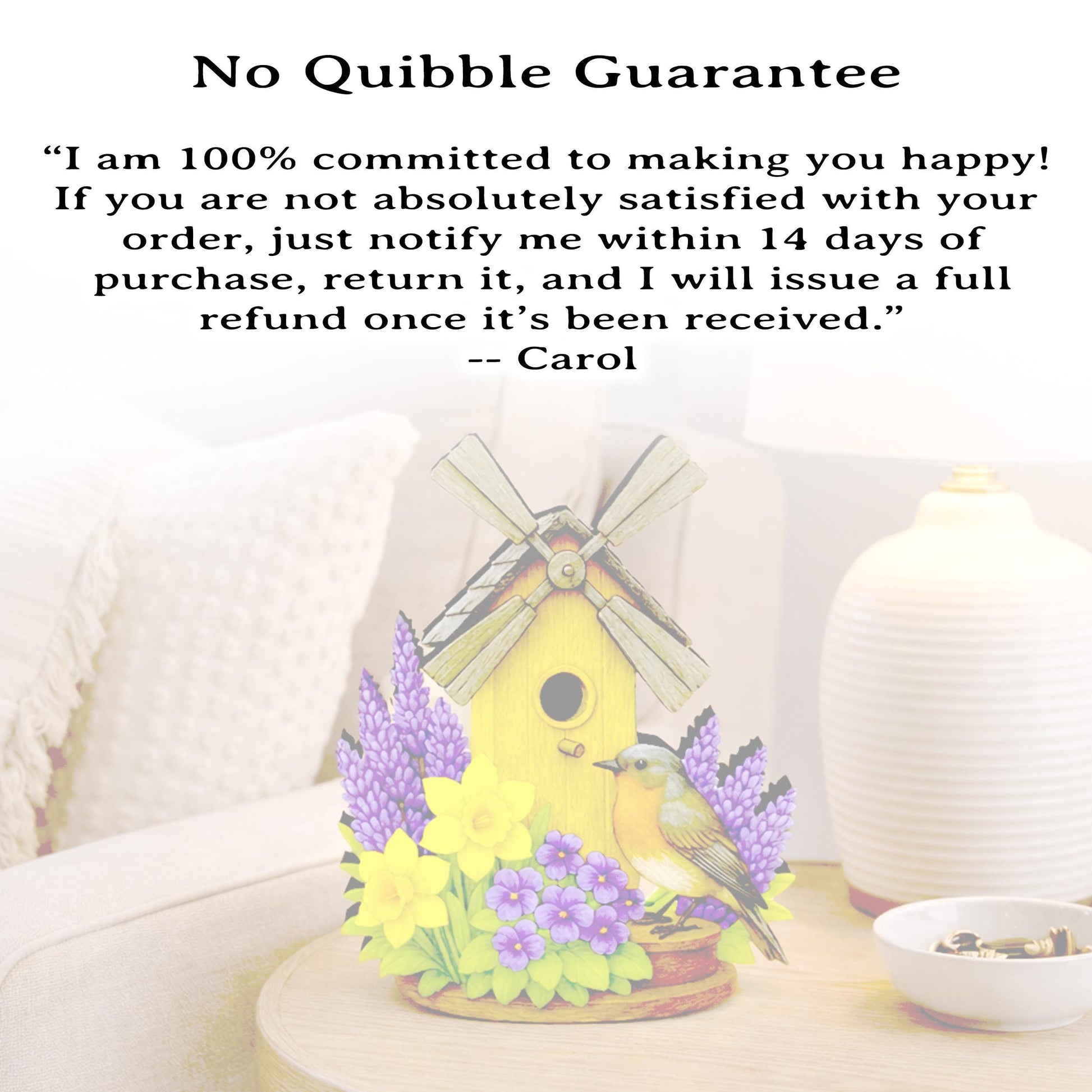 Personalized Windmill Birdhouse Shelf Sitter – Violet and Yellow Spring Flowers – Custom Name Kids Room Decor, Wooden Mantel & Tiered Tray