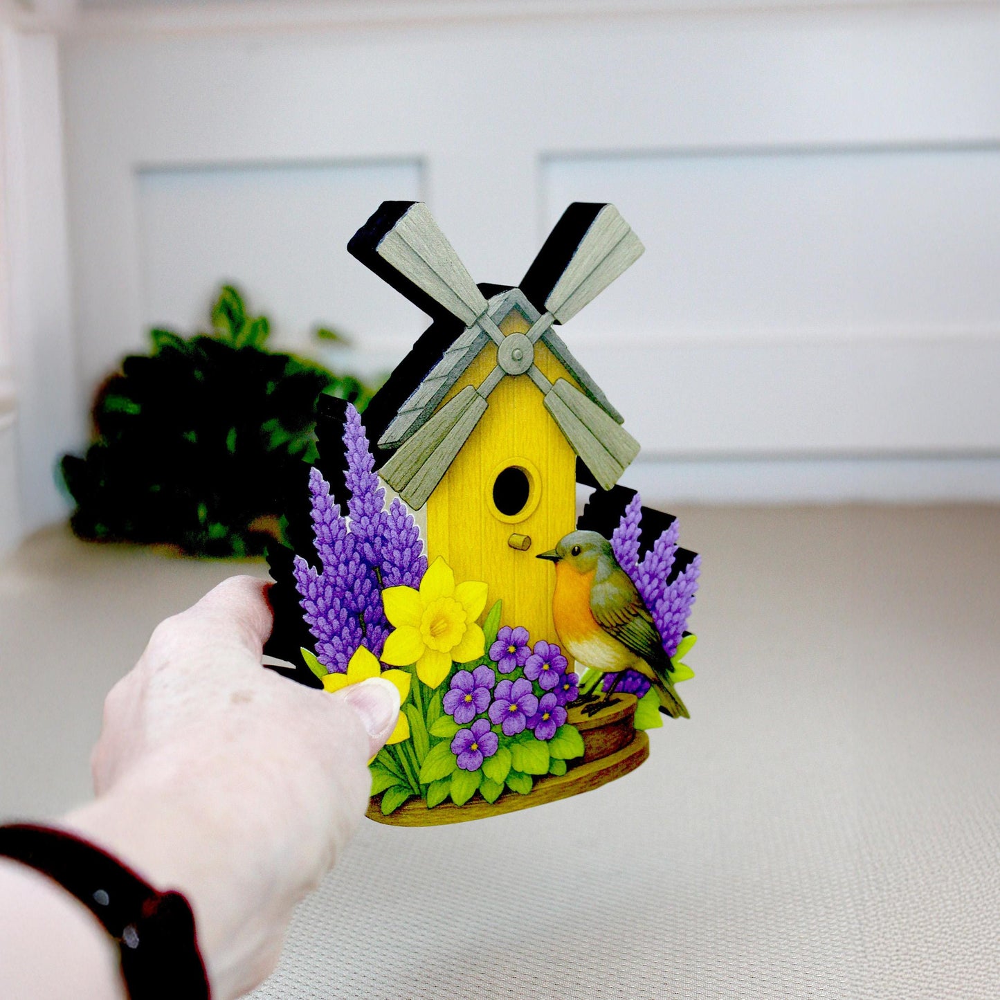 Personalized Windmill Birdhouse Shelf Sitter – Violet and Yellow Spring Flowers – Custom Name Kids Room Decor, Wooden Mantel & Tiered Tray