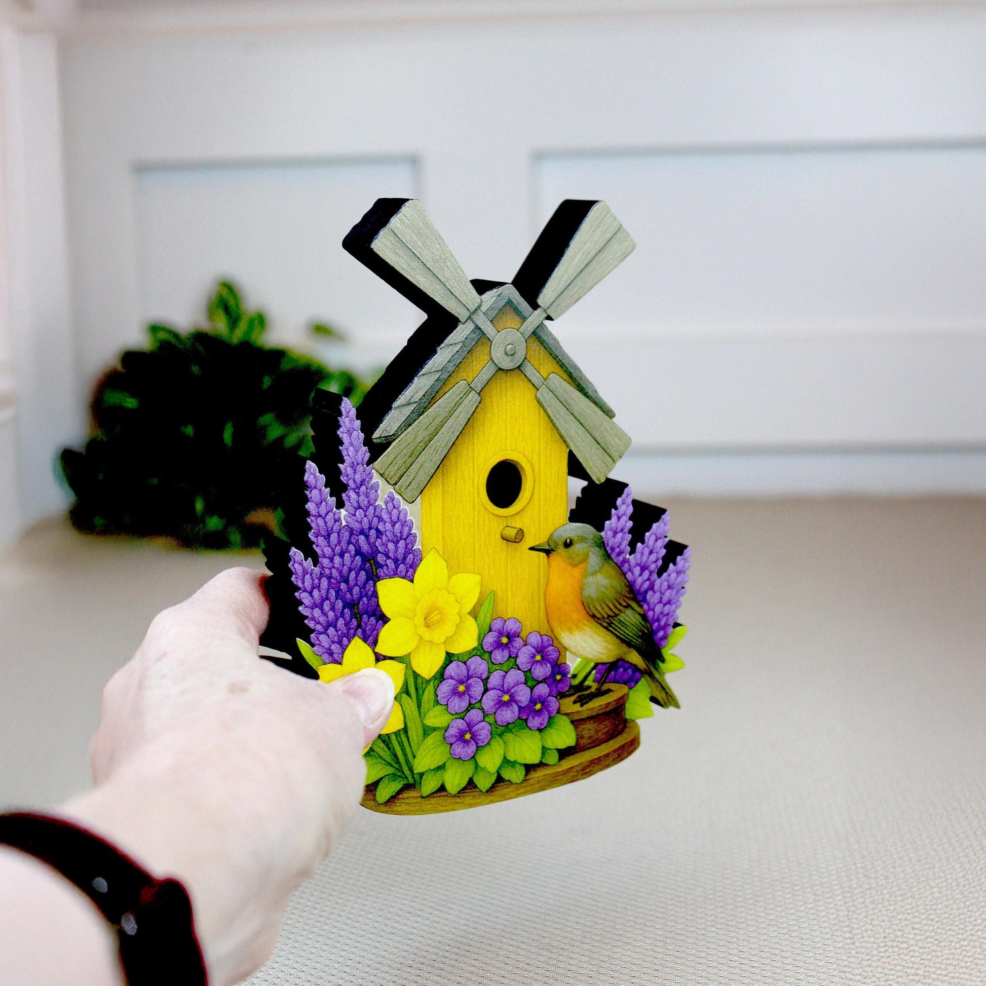 Personalized Windmill Birdhouse Shelf Sitter – Violet and Yellow Spring Flowers – Custom Name Kids Room Decor, Wooden Mantel & Tiered Tray