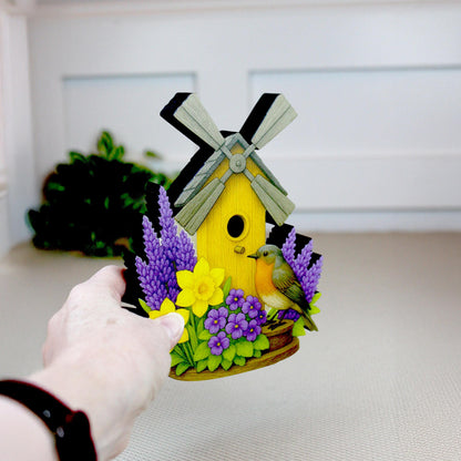 Personalized Windmill Birdhouse Shelf Sitter – Violet and Yellow Spring Flowers – Custom Name Kids Room Decor, Wooden Mantel & Tiered Tray
