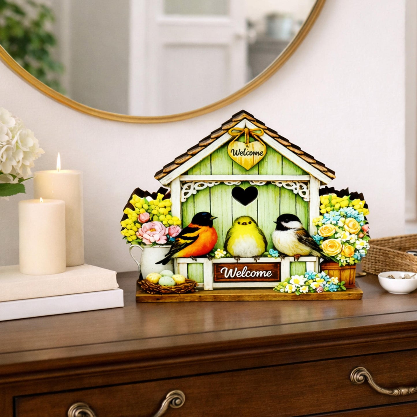 Personalized Green Birdhouse Shelf Sitter – Songbirds and Spring Flowers – Custom Name Kids Room Decor
