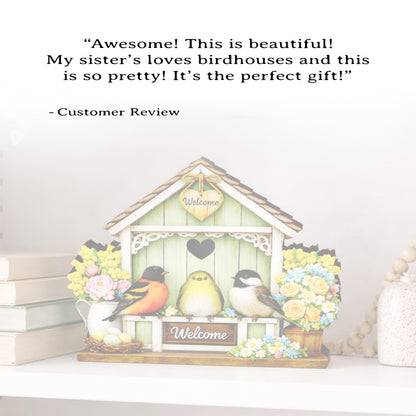 Personalized Green Birdhouse Shelf Sitter – Songbirds and Spring Flowers – Custom Name Kids Room Decor