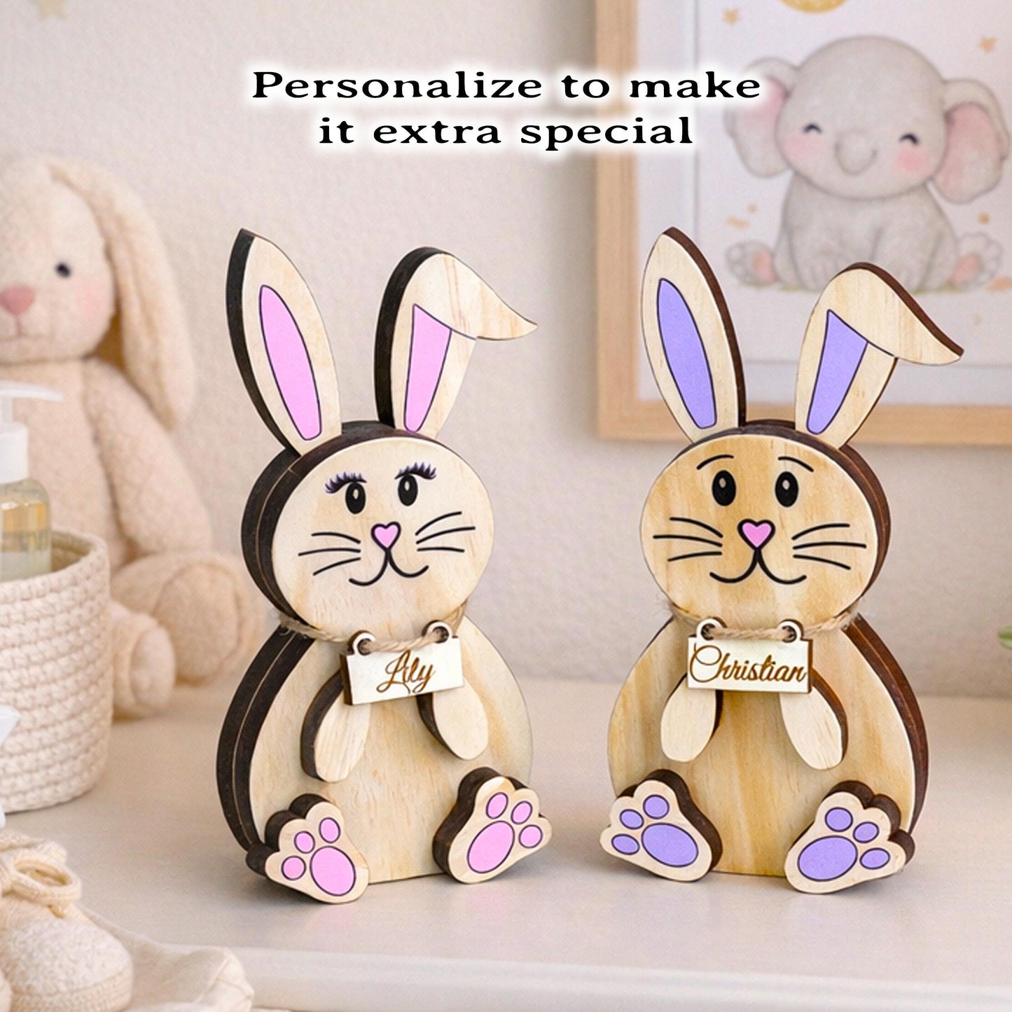 Personalized Woodland Bunny Shelf Sitter Set – Boy & Girl Multi-Layer Wood Decor – Nursery/Kids Room