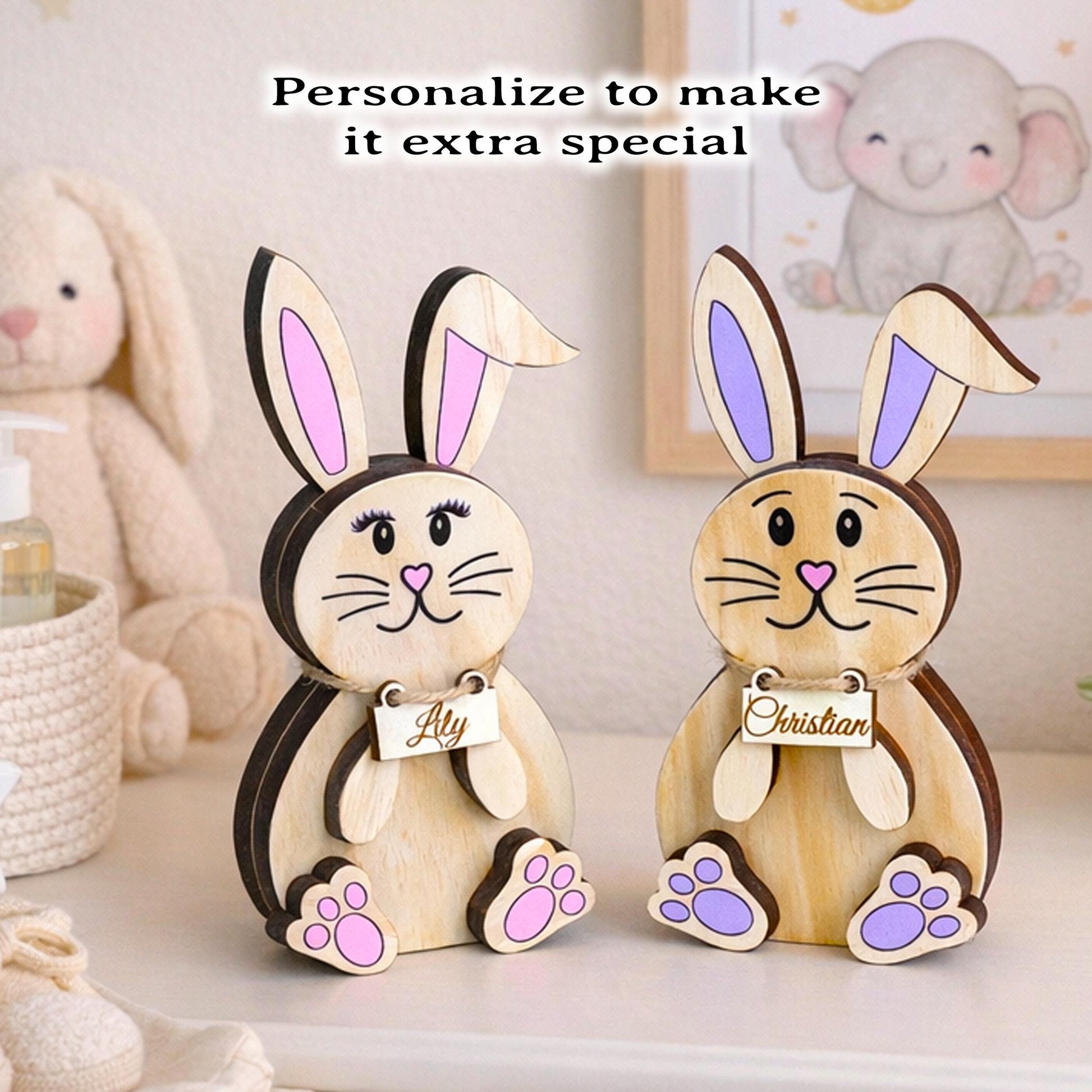 Personalized Woodland Bunny Shelf Sitter Set – Boy & Girl Multi-Layer Wood Decor – Nursery/Kids Room