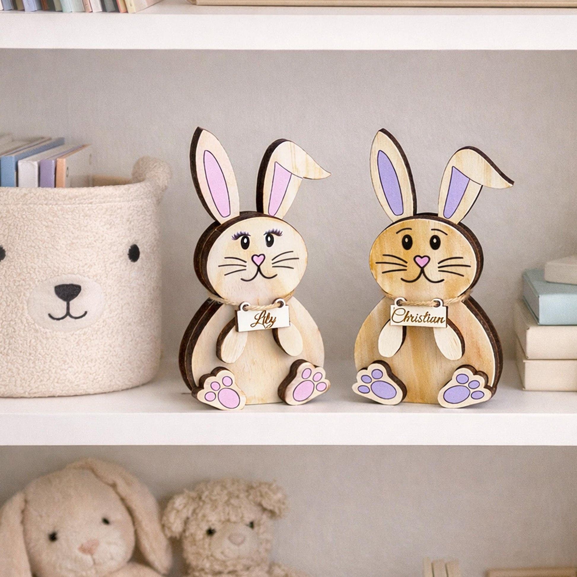 Personalized Woodland Bunny Shelf Sitter Set – Boy & Girl Multi-Layer Wood Decor – Nursery/Kids Room