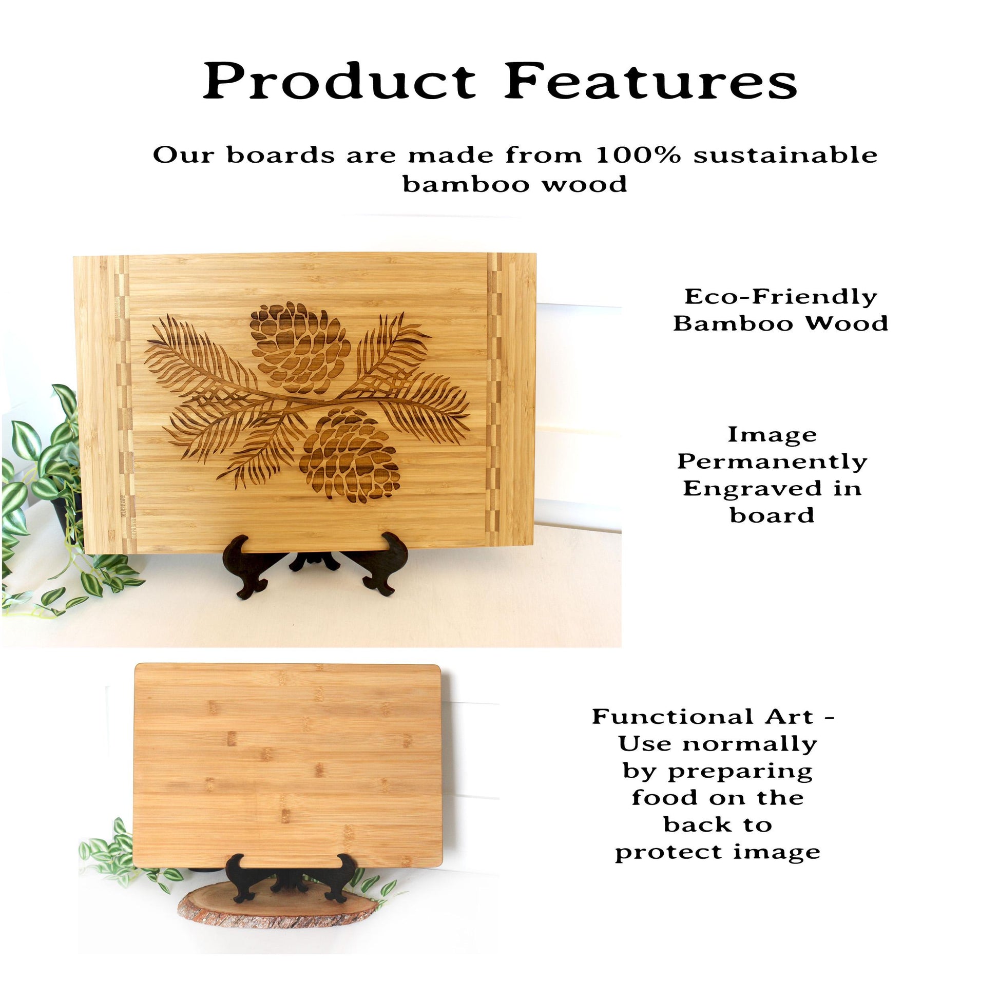 Pine Cone Home Decor - Bamboo Cutting Board with a decorative pinecone design - Environmentally Friendly Gifts, Wooden Easel Included