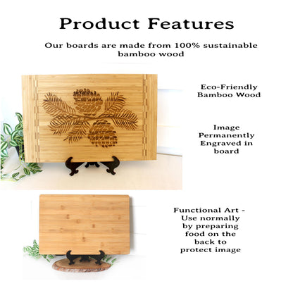 Pine Cone Home Decor - Bamboo Cutting Board with a decorative pinecone design - Environmentally Friendly Gifts, Wooden Easel Included