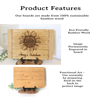 Sunflower Kitchen Decor - Personalized Bamboo Cutting Board for Mother's Day, great Environmentally Friendly Gifts, Wooden Easel Included