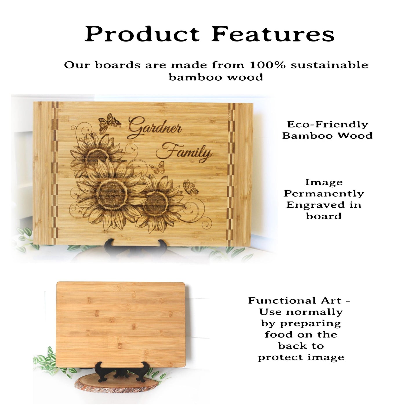 Sunflowers and Butterflies Kitchen Decor - Personalized Bamboo Cutting Board, great Environmentally Friendly Gifts, Wooden Easel Included