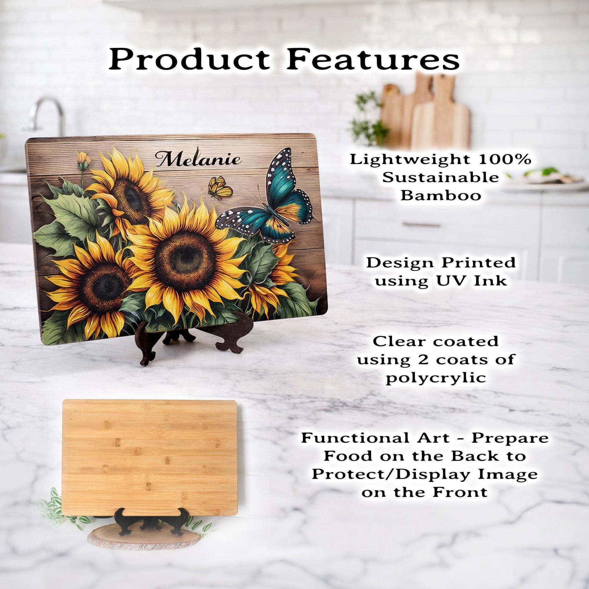 Sunflower Kitchen Decor, Sunflowers and Butterflies Brighten up your Kitchen Decor with this Environmentally Friendly Bamboo Cutting Board