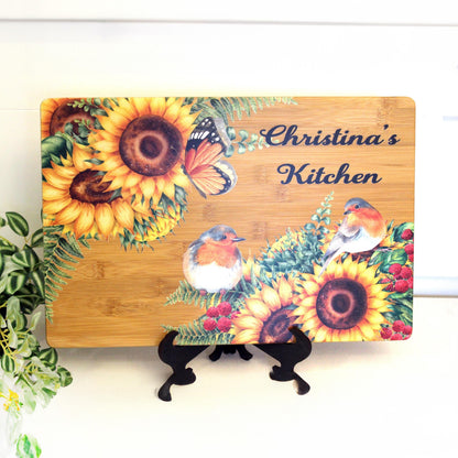 Personalized Sunflower Cutting Board, Sunflowers, Butterflies & Birds Brighten up your Kitchen, Environmentally Friendly Cutting Board