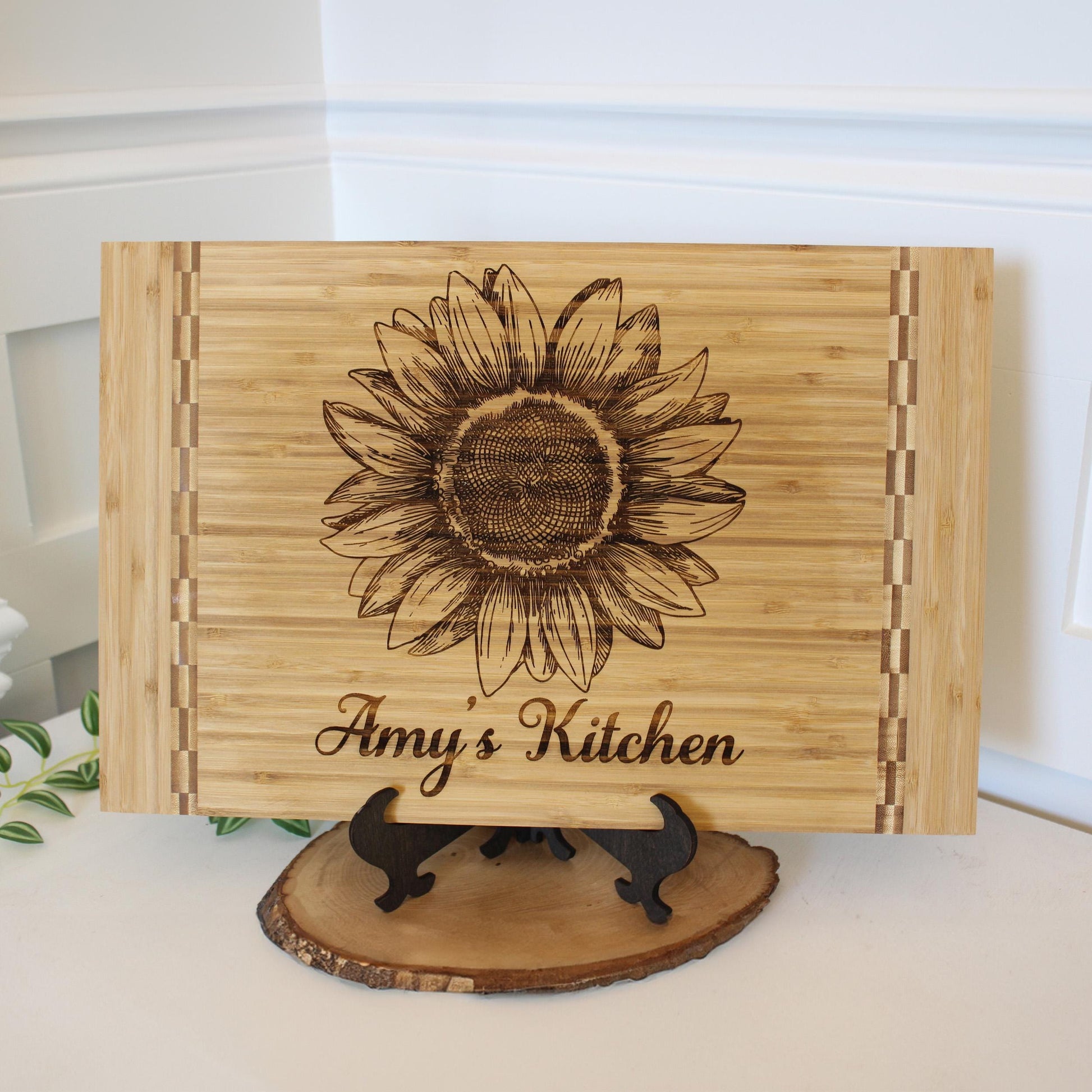 Sunflower Kitchen Decor - Personalized Bamboo Cutting Board for Mother's Day, great Environmentally Friendly Gifts, Wooden Easel Included