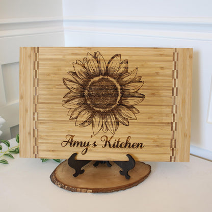 Sunflower Kitchen Decor - Personalized Bamboo Cutting Board for Mother's Day, great Environmentally Friendly Gifts, Wooden Easel Included