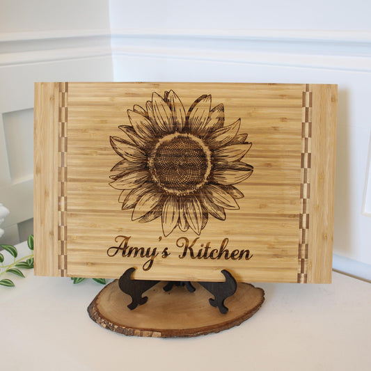 Sunflower Kitchen Decor - Personalized Bamboo Cutting Board for Mother's Day, great Environmentally Friendly Gifts, Wooden Easel Included