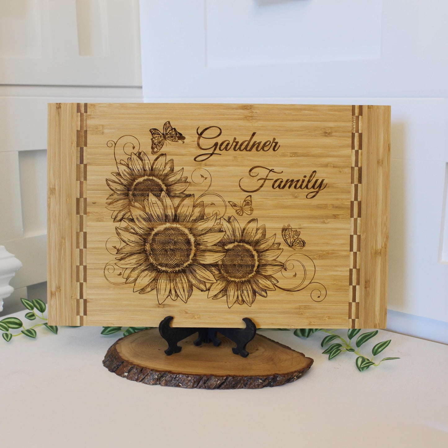 Sunflowers and Butterflies Kitchen Decor - Personalized Bamboo Cutting Board, great Environmentally Friendly Gifts, Wooden Easel Included