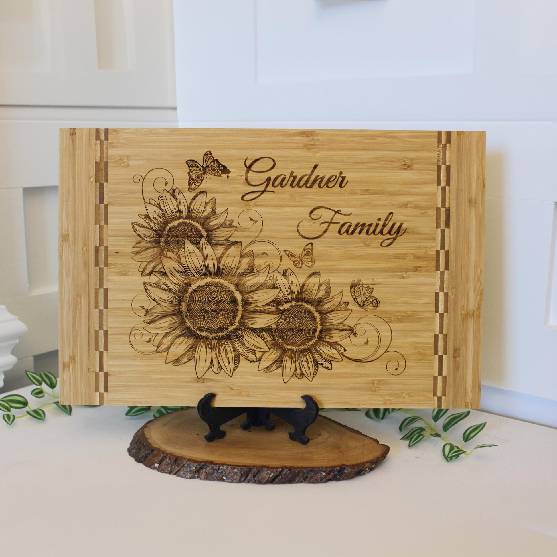 Sunflowers and Butterflies Kitchen Decor - Personalized Bamboo Cutting Board, great Environmentally Friendly Gifts, Wooden Easel Included