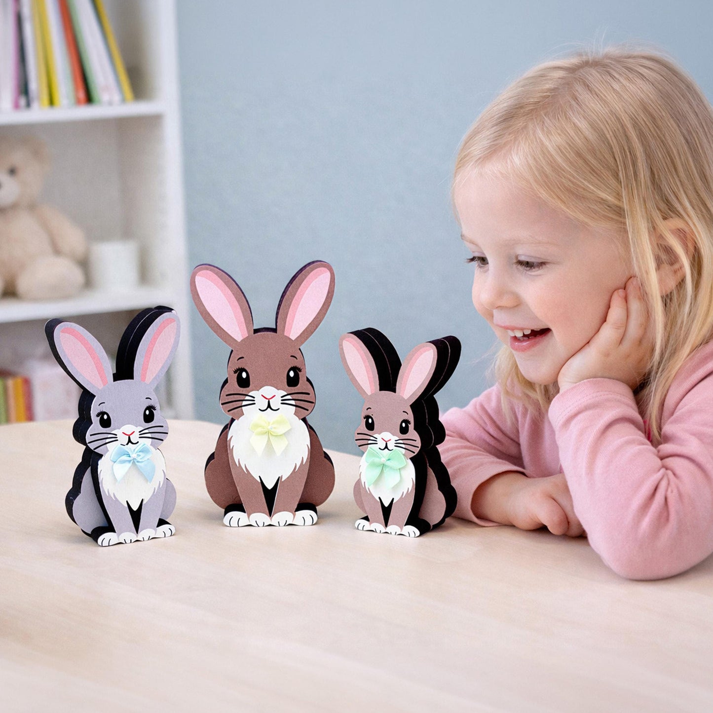 Personalized Woodland Bunny Shelf Sitter Set of 3 – Multi-Layer Wood Decor – Nursery/Kids Room