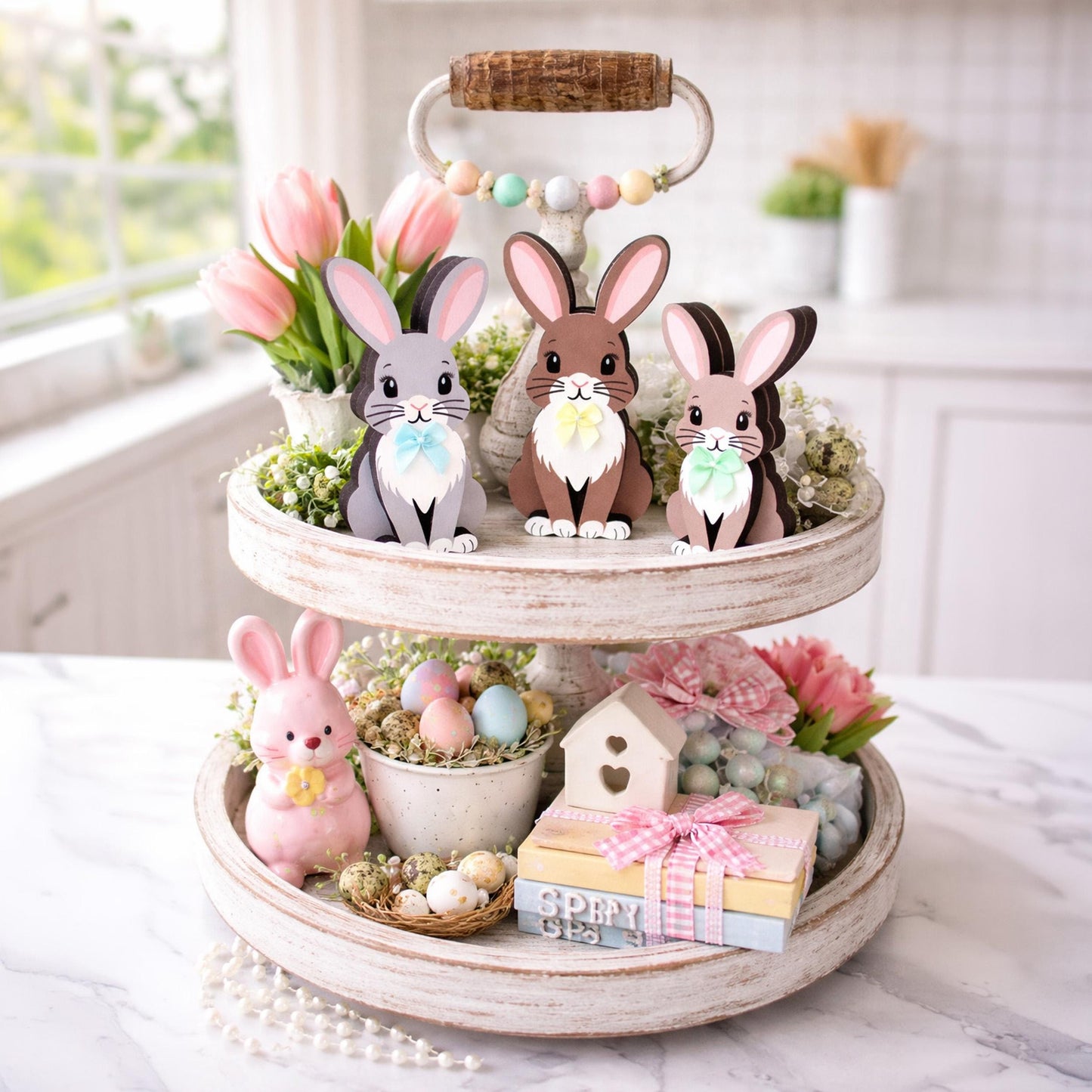 Personalized Woodland Bunny Shelf Sitter Set of 3 – Multi-Layer Wood Decor – Nursery/Kids Room