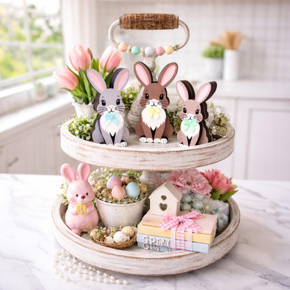 Personalized Woodland Bunny Shelf Sitter Set of 3 – Multi-Layer Wood Decor – Nursery/Kids Room
