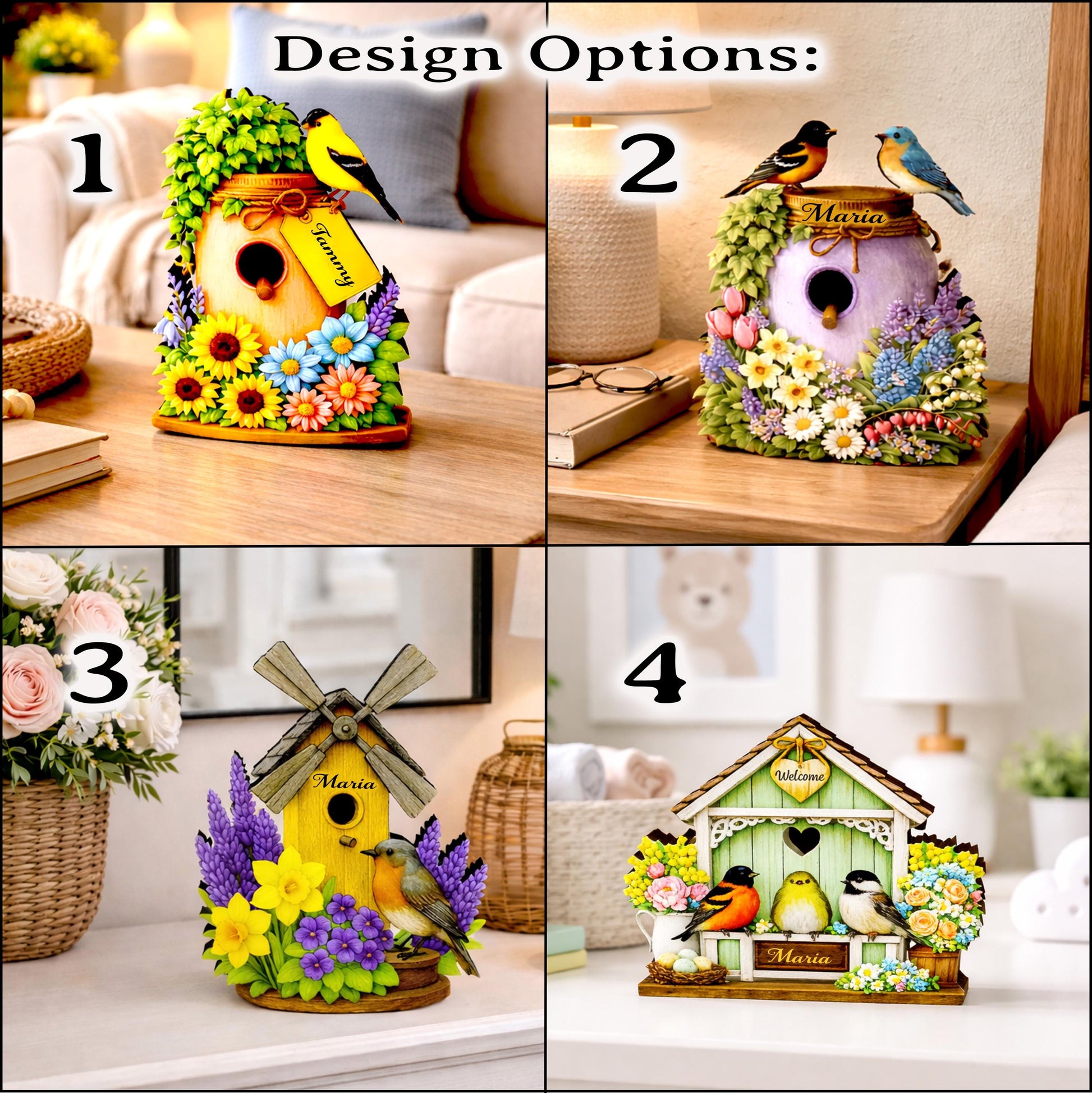 Personalized Green Birdhouse Shelf Sitter – Songbirds and Spring Flowers – Custom Name Kids Room Decor