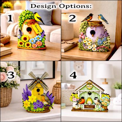 Personalized Green Birdhouse Shelf Sitter – Songbirds and Spring Flowers – Custom Name Kids Room Decor