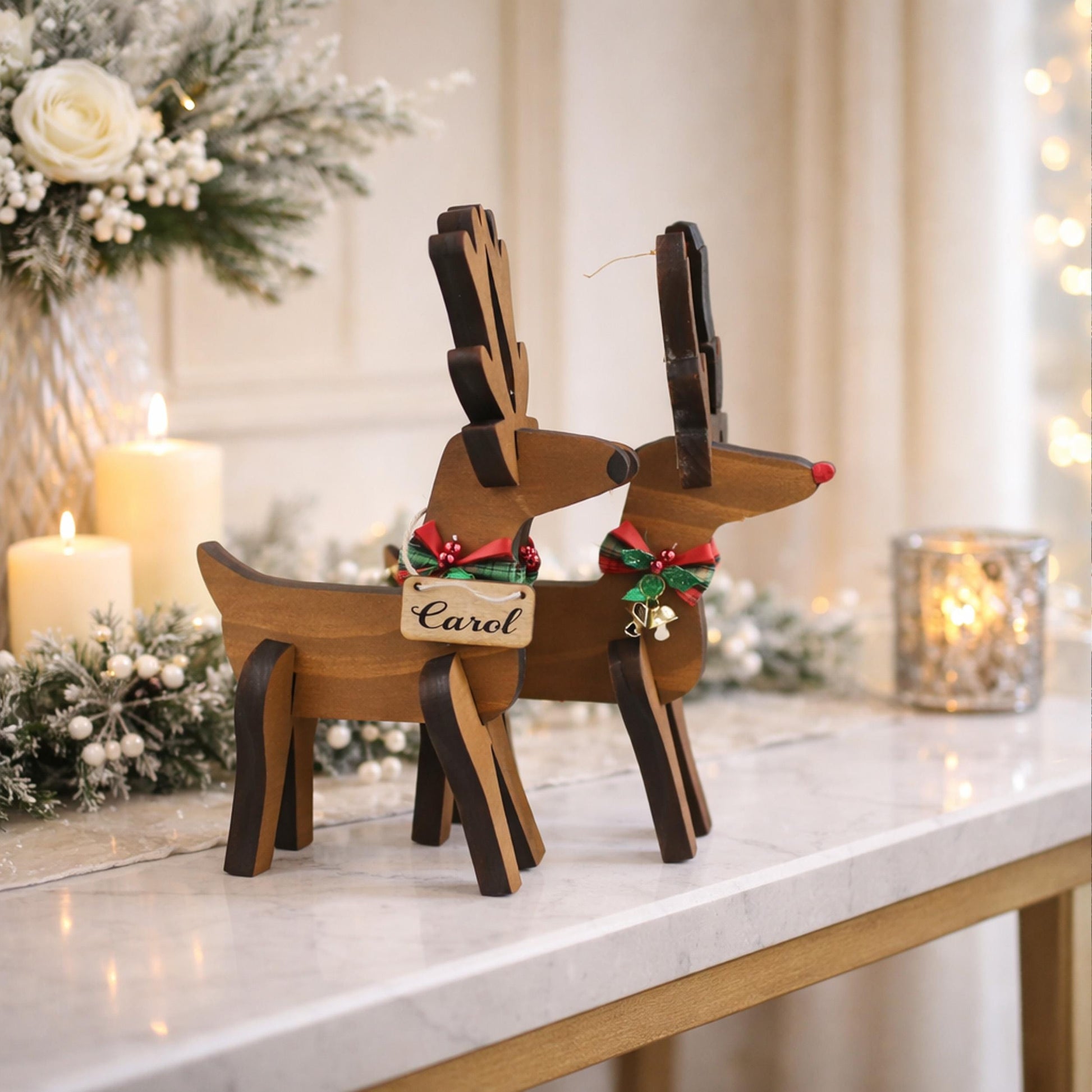 Rustic Wooden Christmas Reindeer Set of 2, Modern Farmhouse Decor, Antique White or Brown, Fireplace Mantel Decoration, Tabletop Centerpiece