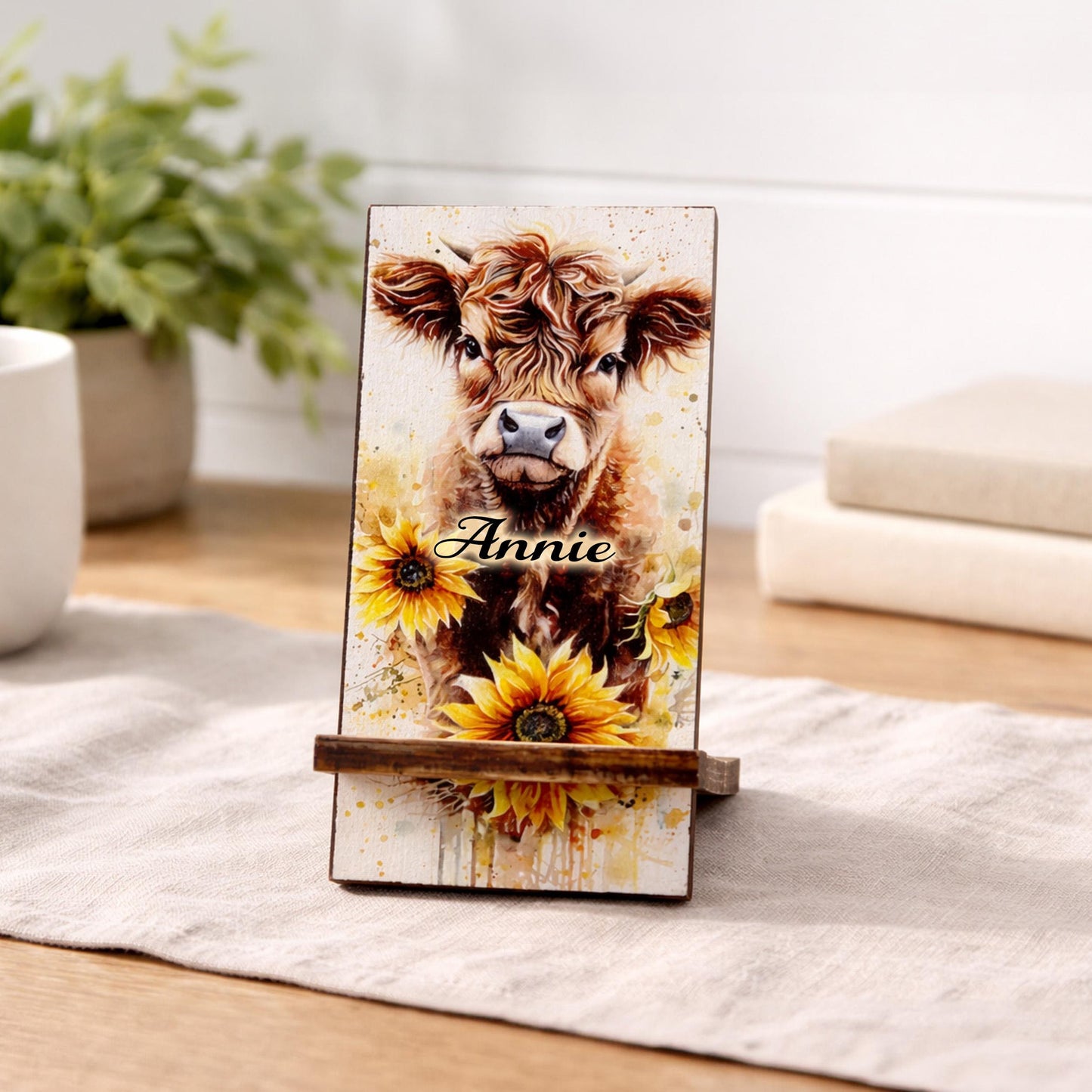 Personalized Highland Cow and Sunflowers cell phone stand, Rustic Wooden Phone Holder, Cute Decorative Custom Gift, Charging Cable Access