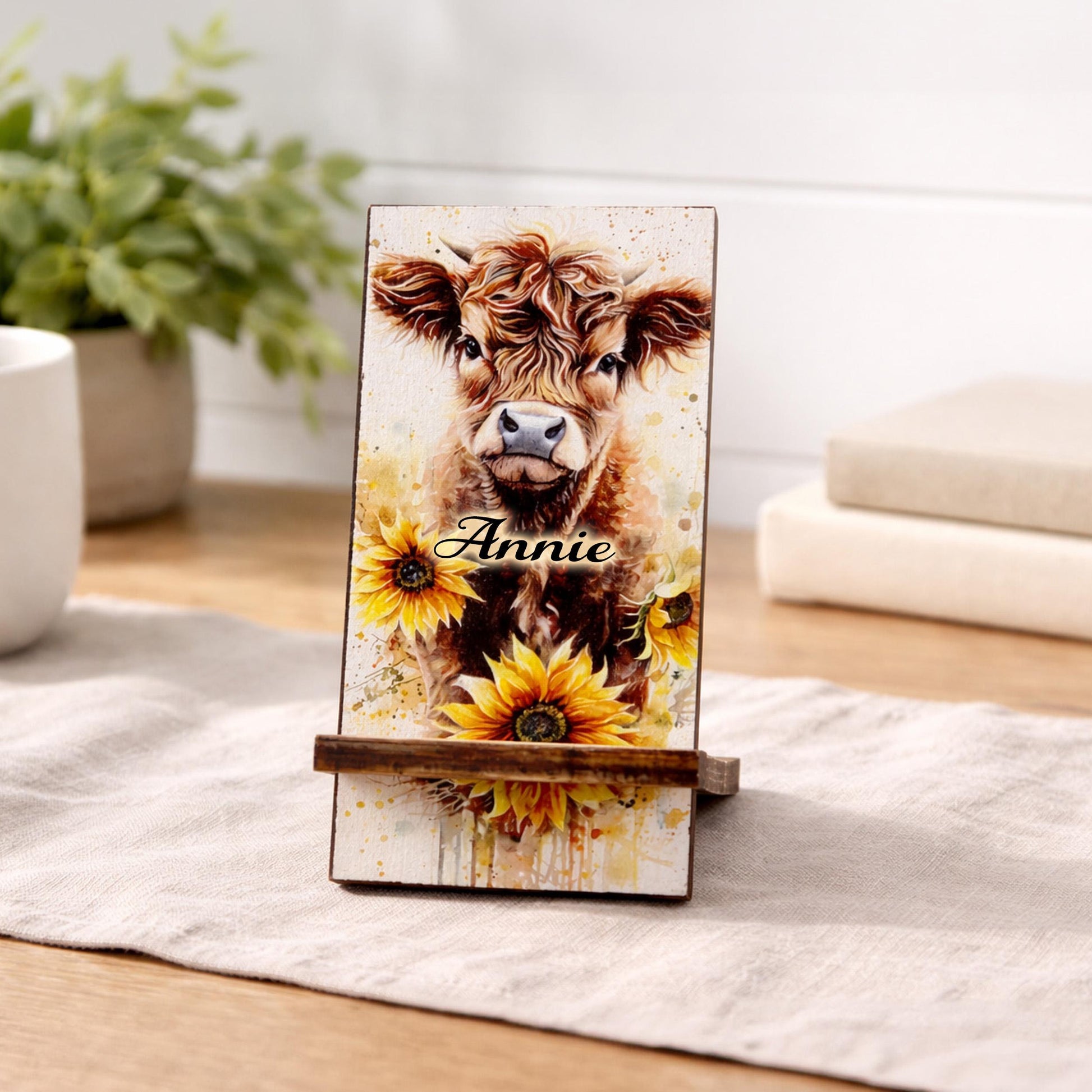 Personalized Highland Cow and Sunflowers cell phone stand, Rustic Wooden Phone Holder, Cute Decorative Custom Gift, Charging Cable Access