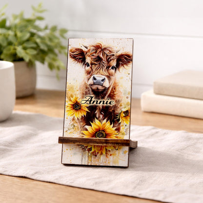 Personalized Highland Cow and Sunflowers cell phone stand, Rustic Wooden Phone Holder, Cute Decorative Custom Gift, Charging Cable Access