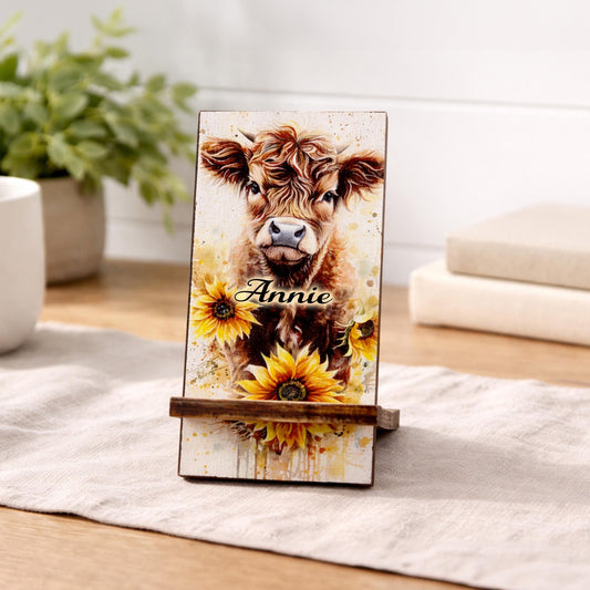 Personalized Highland Cow and Sunflowers cell phone stand, Rustic Wooden Phone Holder, Cute Decorative Custom Gift, Charging Cable Access