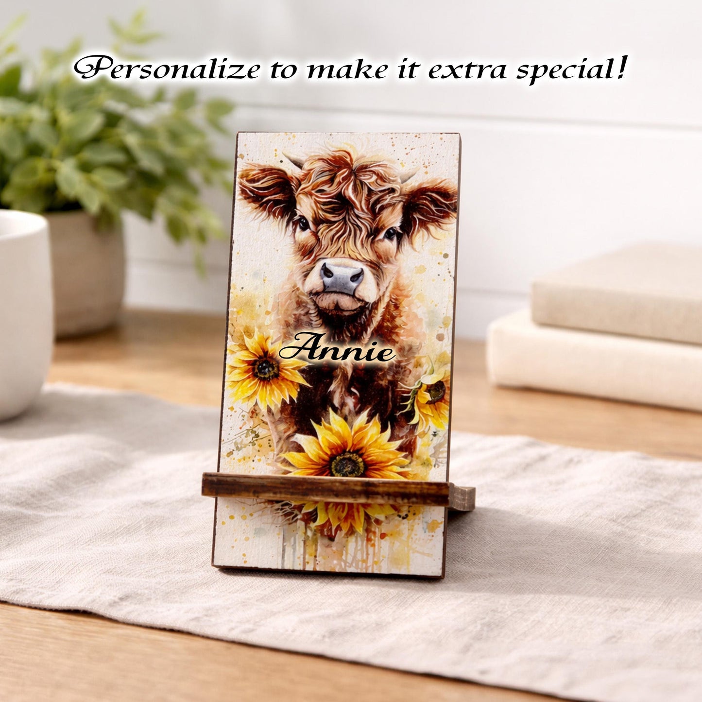 Personalized Highland Cow and Sunflowers cell phone stand, Rustic Wooden Phone Holder, Cute Decorative Custom Gift, Charging Cable Access