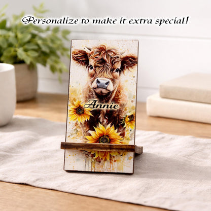 Personalized Highland Cow and Sunflowers cell phone stand, Rustic Wooden Phone Holder, Cute Decorative Custom Gift, Charging Cable Access